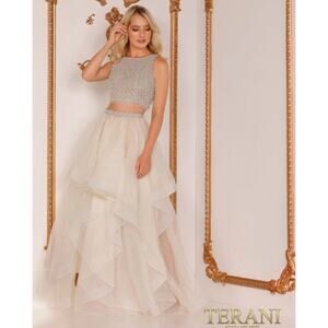 Terani Couture Ivory Beaded Layered Ruffle Tiered Maxi Skirt SZ 8